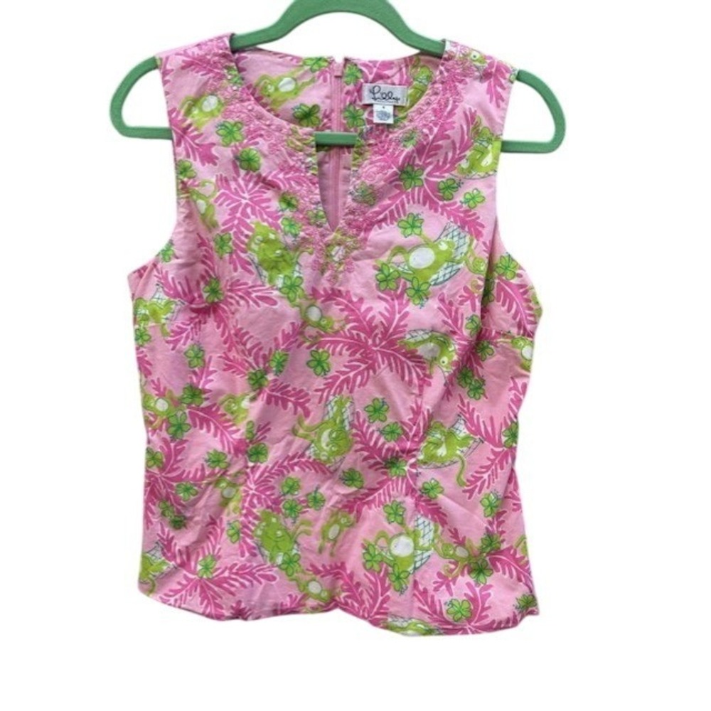Lilly Pulitzer Pink Green Monkey Palm Print Sleeveless Top Embroidered Neck